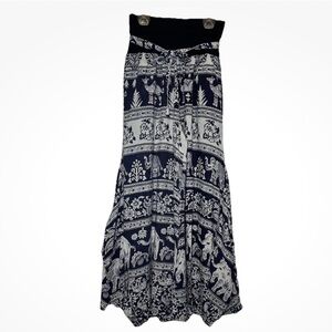 Dragonfly Elephant Print palazzo Pants Navy/Cream, Black Band Waist Sz S